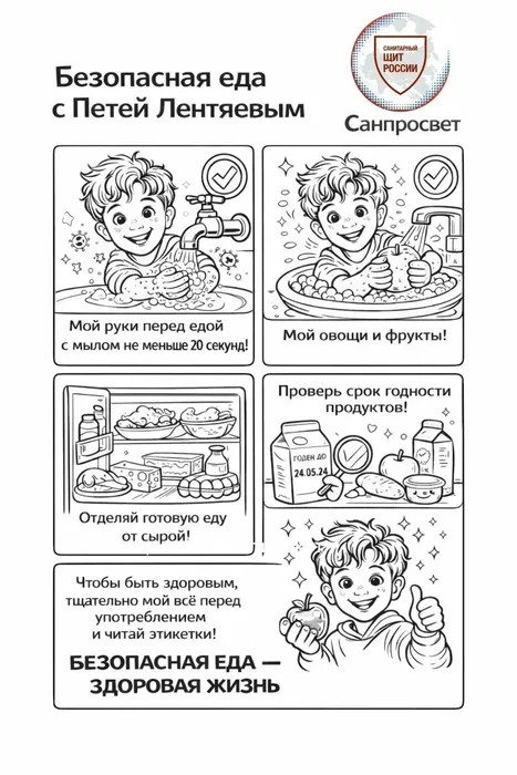 Раскраска из серии детский Санпросвет «Как Петя Лентяев учится хранить продукты»